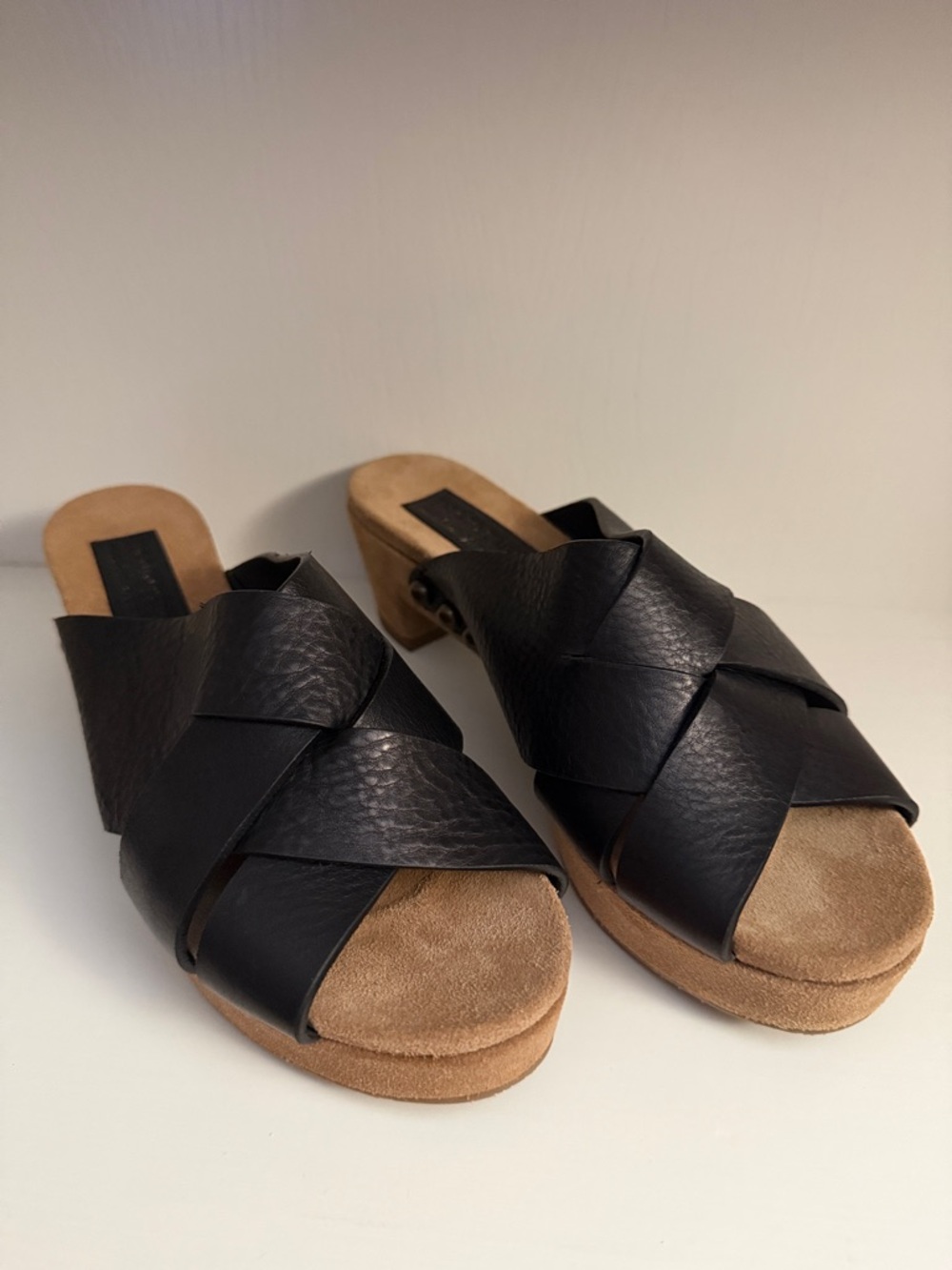 Women's Black Leather Cross-Strap Slide Sandals